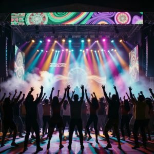 Cinematic wide-angle shot of a vibrant music festival stage at night, representing the energy and diversity of Latin music in 2025.
