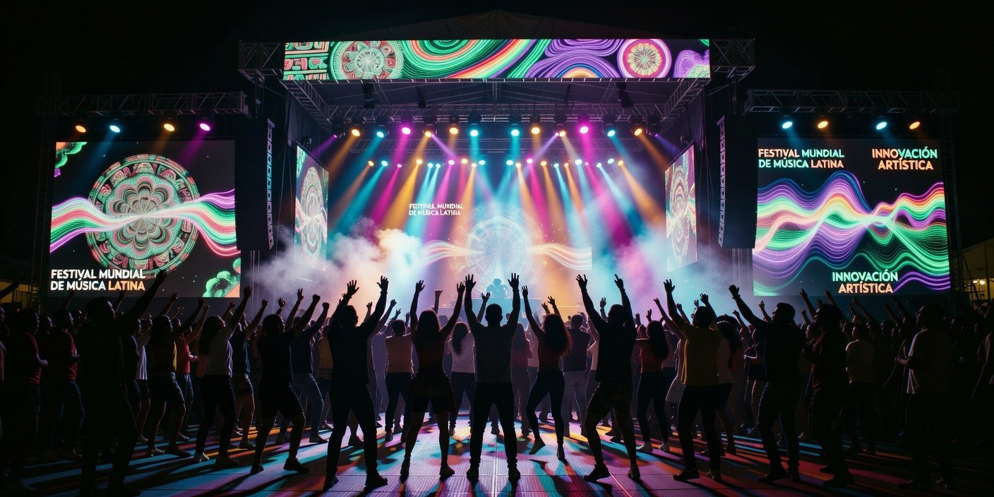 Cinematic wide-angle shot of a vibrant music festival stage at night, representing the energy and diversity of Latin music in 2025.