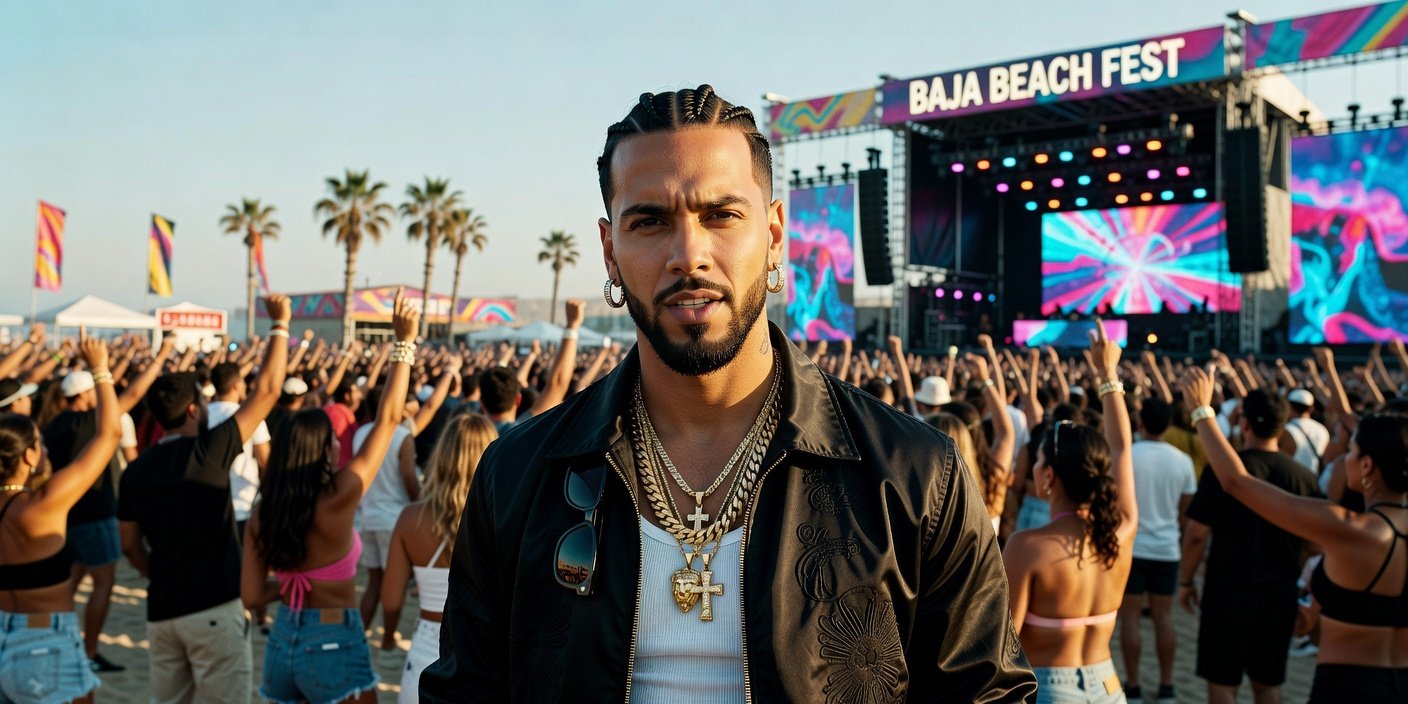 Anuel AA performing as a headliner at the 2026 Baja Beach Fest in Rosarito, Mexico.