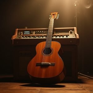 An atmospheric, cinematic wide-angle shot of an empty stage with a spotlight on a microphone, symbolizing the cancellation of a ¡Cubanismo! concert.