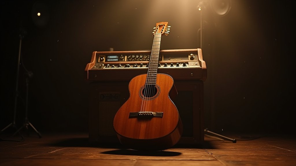 An atmospheric, cinematic wide-angle shot of an empty stage with a spotlight on a microphone, symbolizing the cancellation of a ¡Cubanismo! concert.
