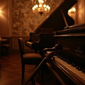 Cinematic wide-angle shot of a dimly lit jazz club stage with instruments, representing the vibrant and evolving world of Latin Jazz.