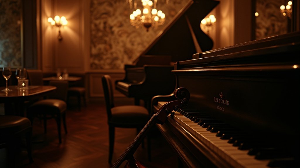 Cinematic wide-angle shot of a dimly lit jazz club stage with instruments, representing the vibrant and evolving world of Latin Jazz.