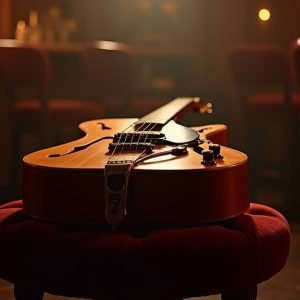 Cinematic wide-angle shot of a vintage guitar on a dimly lit stage, representing a Latin and Jazz guitar performance.