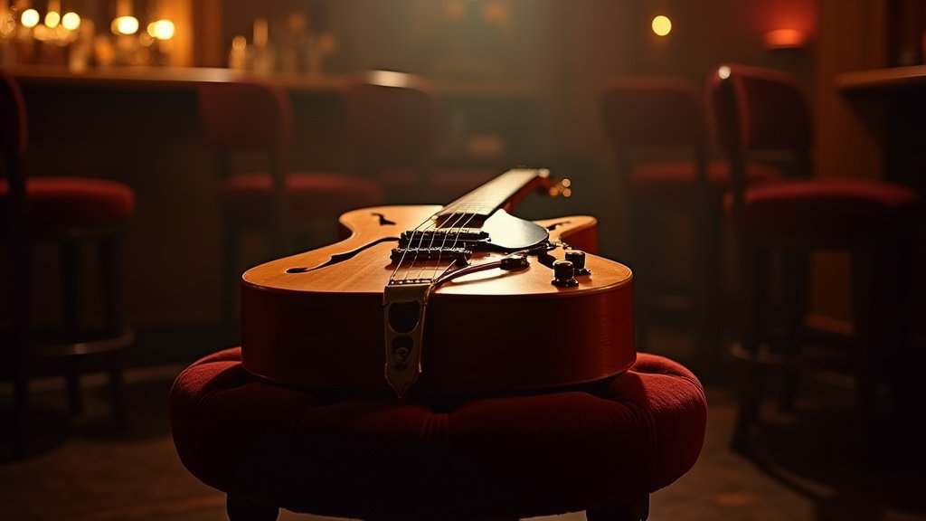 Cinematic wide-angle shot of a vintage guitar on a dimly lit stage, representing a Latin and Jazz guitar performance.