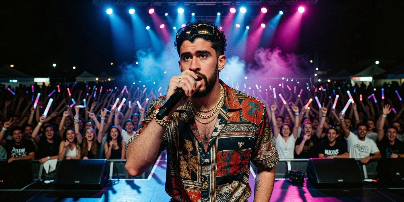 Professional editorial portrait of Bad Bunny performing live at a music festival in 2026.