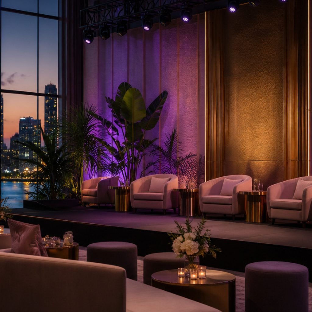Stage with four beige armchairs and small gold tables, tropical plants, and purple lighting against a city skyline at dusk through large windows.