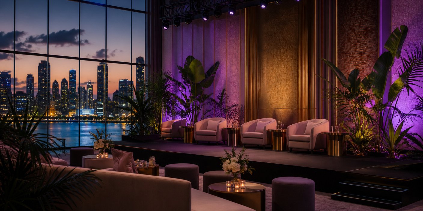 Stage with four beige armchairs and small gold tables tropical plants and purple lighting against a city skyline at dusk through large windows