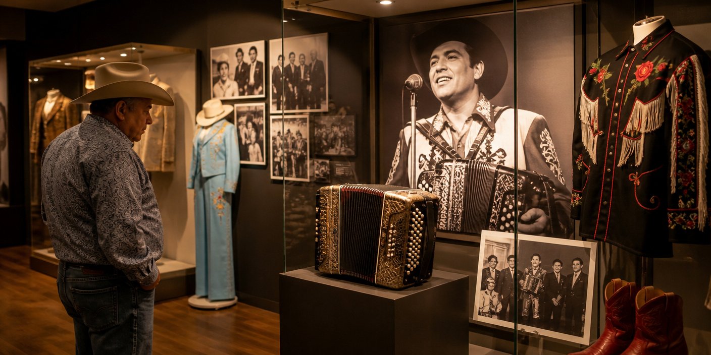 Man in a cowboy hat studies a museum display featuring a vintage accordion embroidered western outfits boots and black and white photographs