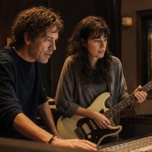 Two musicians in a dim recording studio: a man at a large mixing console and a woman playing a cream Fender Stratocaster.