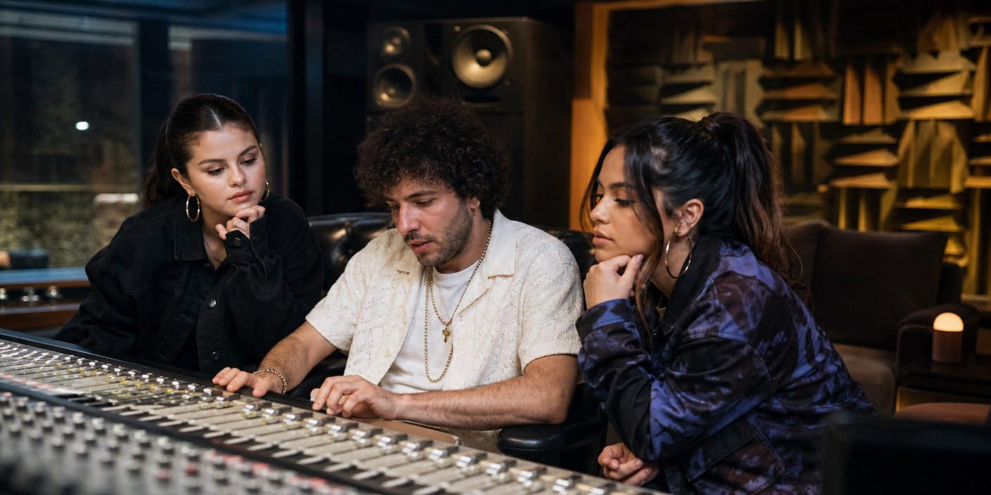 Three young adults sit around a large audio mixing console in a recording studio, focused on the controls and discussion of sound.
