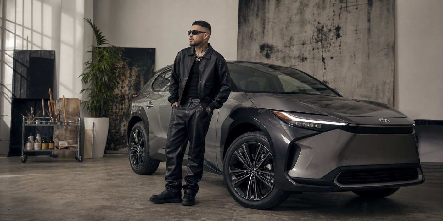 Man in a black leather jacket and sunglasses stands beside a gray modern car in a studio with art and plants in the background hands in pockets