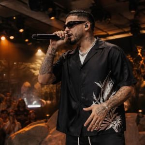 Male singer wearing sunglasses and a black floral shirt performs with a microphone on a lit stage, crowd watching nearby.