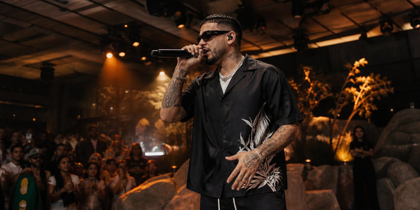 Male singer wearing sunglasses and a black floral shirt performs with a microphone on a lit stage, crowd watching nearby.