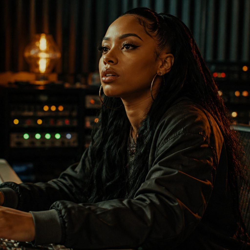 Female music producer wearing a black jacket sits at a mixing console in a dimly lit recording studio.