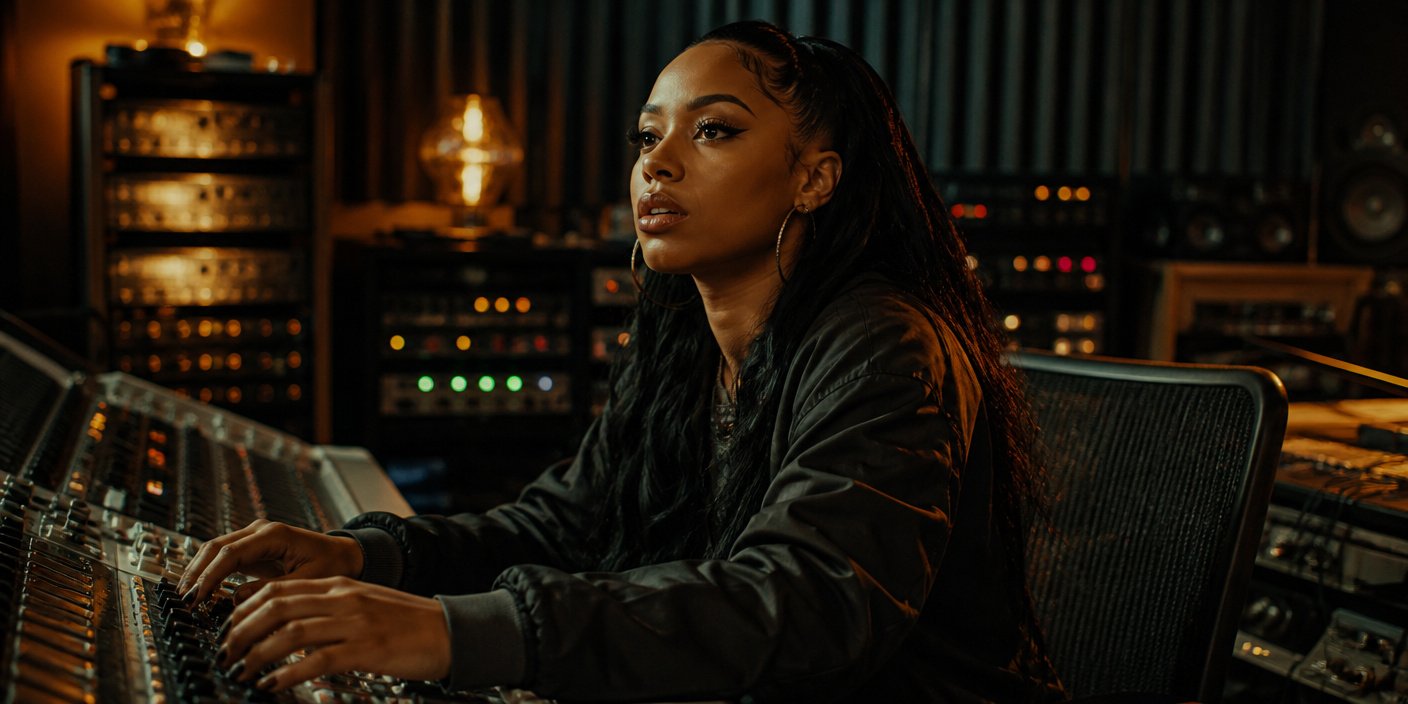 FEDSTAR Reclaims the Spotlight Ruleta Review | latinmusic.news Female music producer wearing a black jacket sits at a mixing console in a dimly lit recording studio.